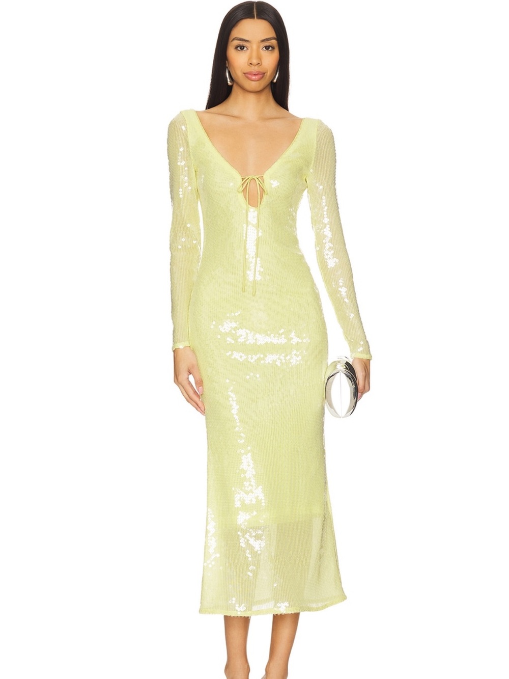 Long Sleeve Sequin Tie-Front Midi Dress in Pale Yellow